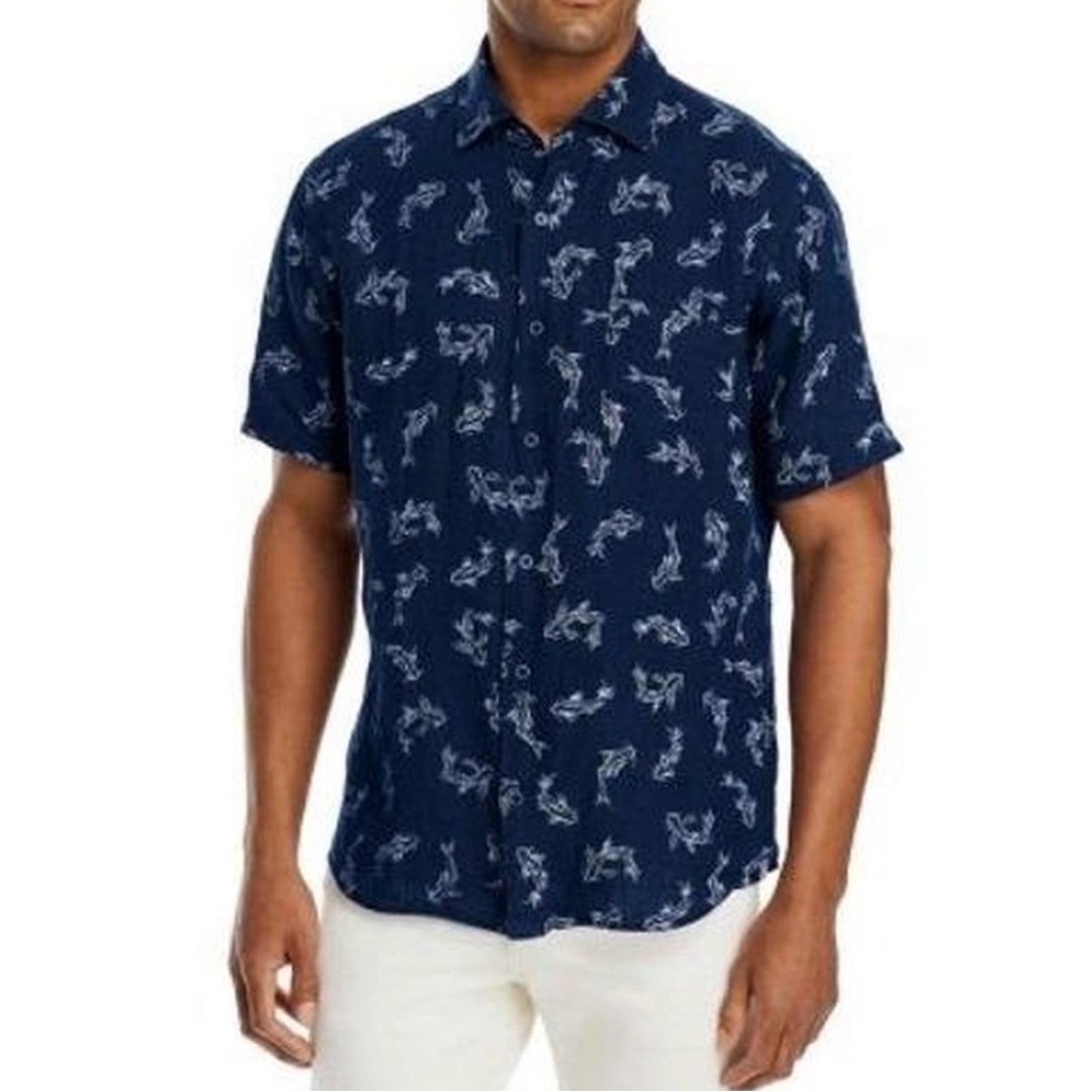Peter Millar Mens Secret Cove 100% Linen Koi Fish Print Short Sleeve Shirt | XL